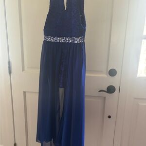 Speechless Blue Plunge Neck Sleeveless Gown for Prom